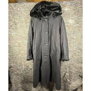 Liz Claiborne Trench‎ Coat Jacket Medium Black Faux Fur Reversible Hooded